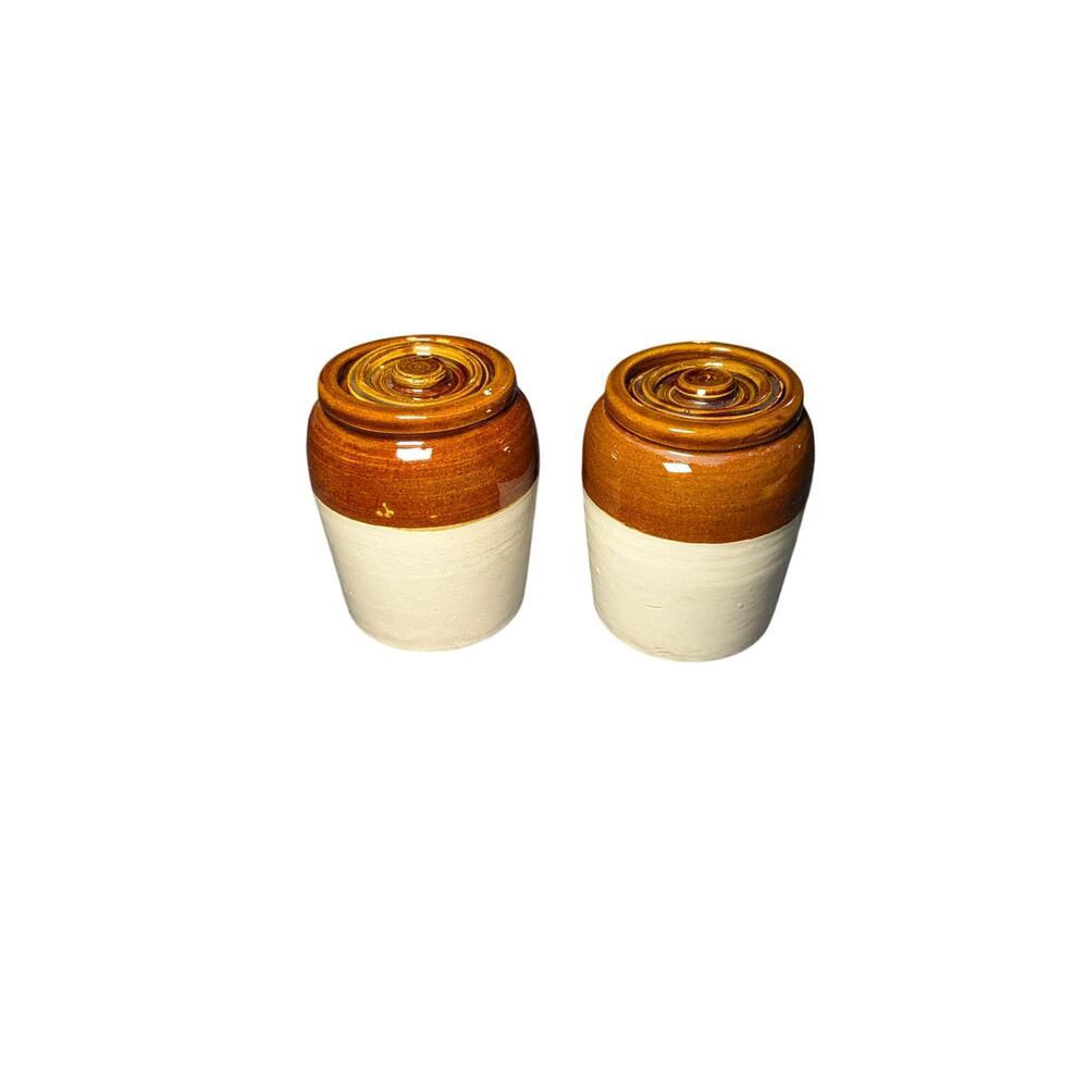Vintage Stoneware 2 Jam Jars with Lids Brown Beige Bristol Style Kitchen Crocks